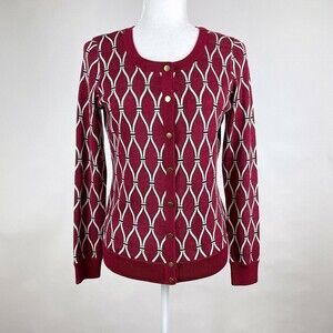 Talbots Womens Size S Merino Wool Red Geometric Pattern Cardigan Button Sweater